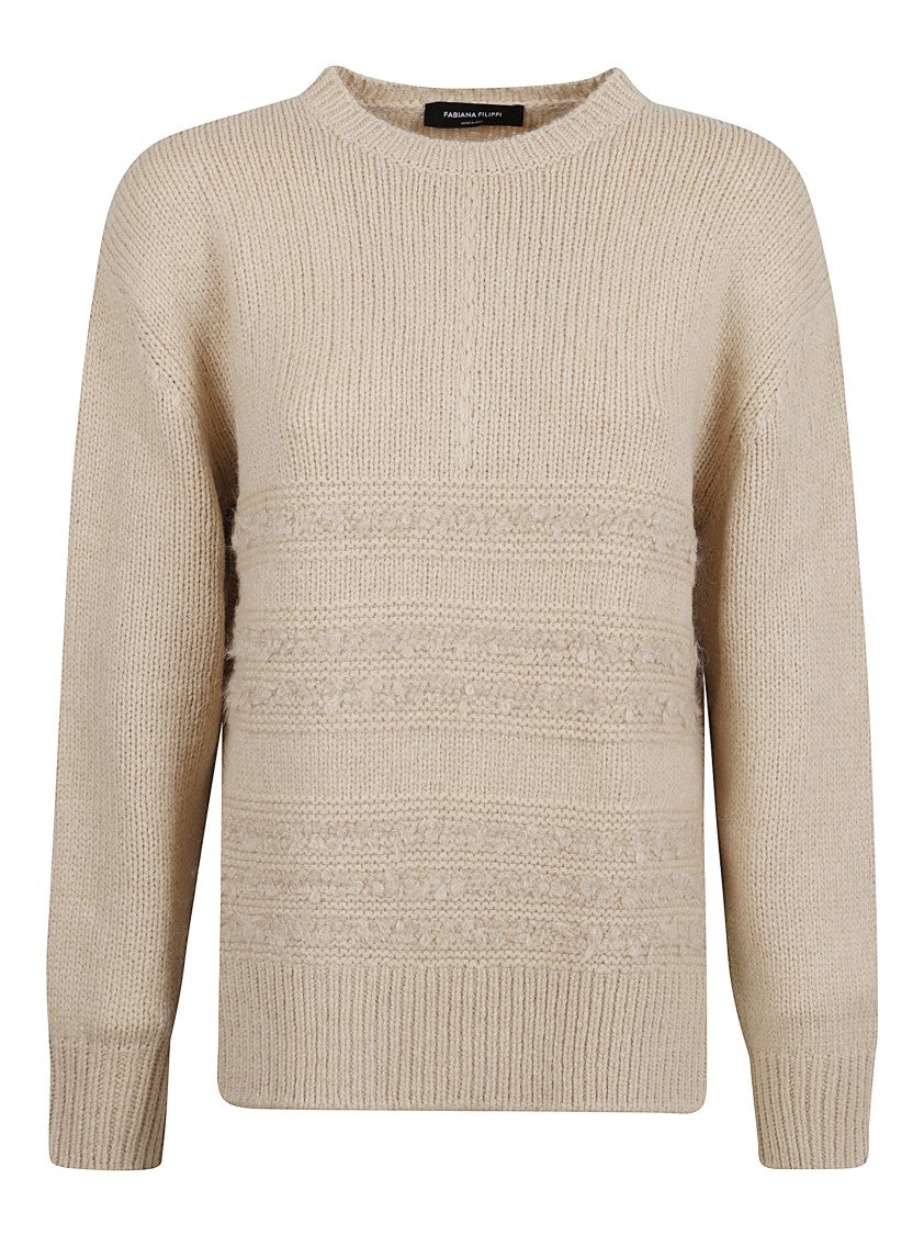 Fabiana Filippi Camel Crew Neck Sweater With Bouclé Inserts