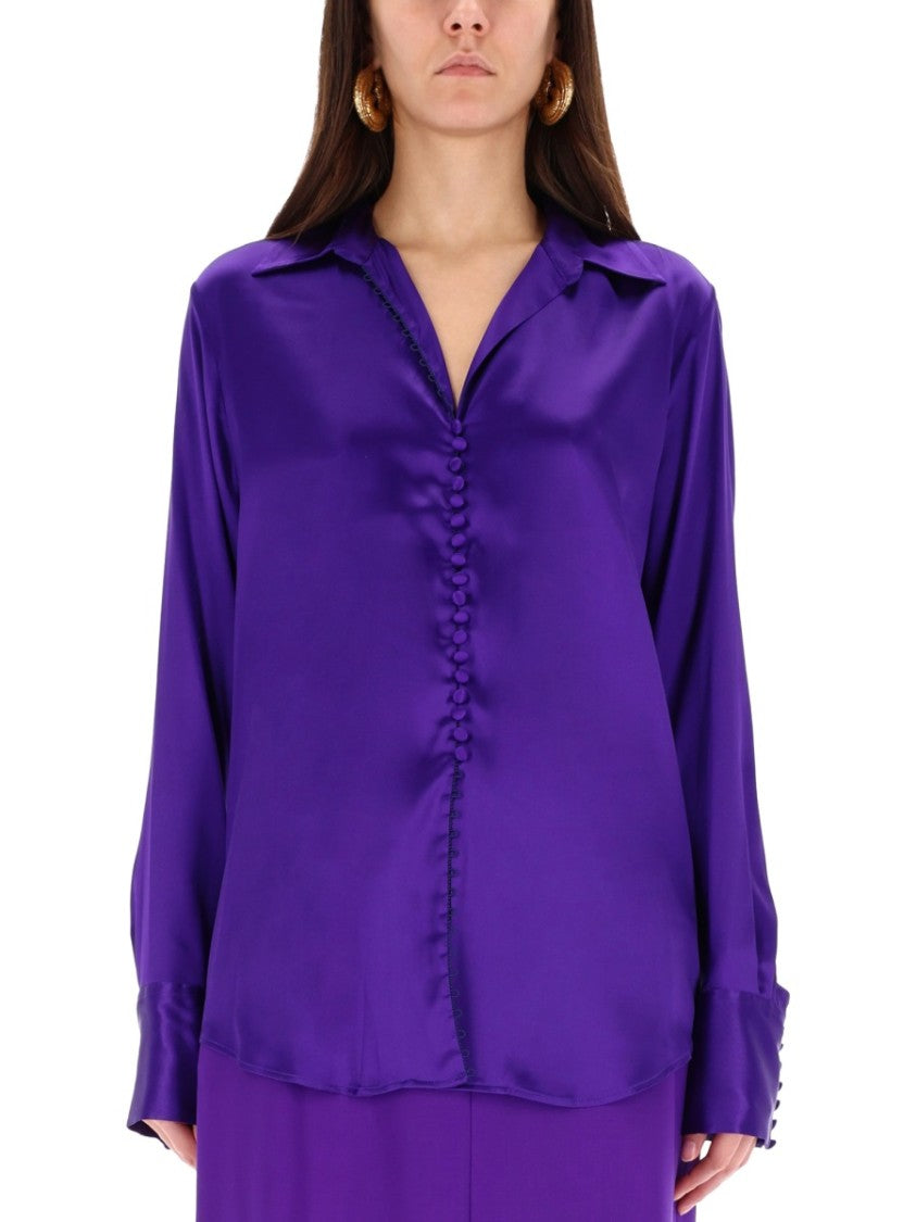 Dries Van Noten Lustrous Deep V-Neck Silk Shirt