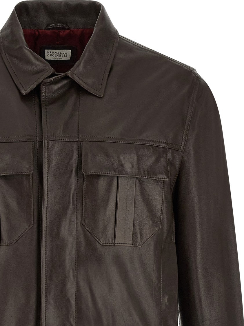 Brunello Cucinelli Structured Brown Nappa Leather Jacket With Classic Shirt Collar