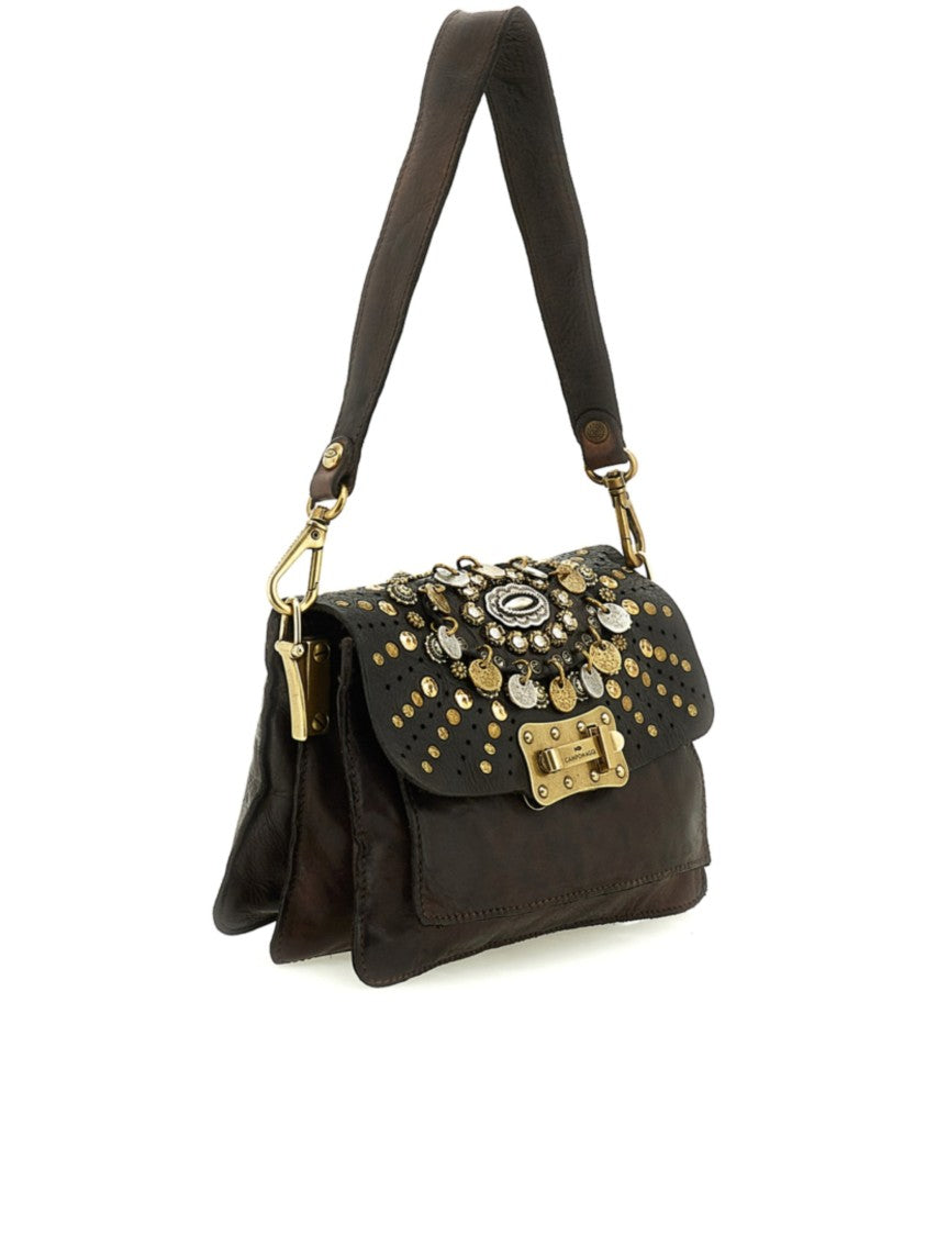 Campomaggi Medium Brown Leather Handbag With Decorative Studs And Clasp Closure
