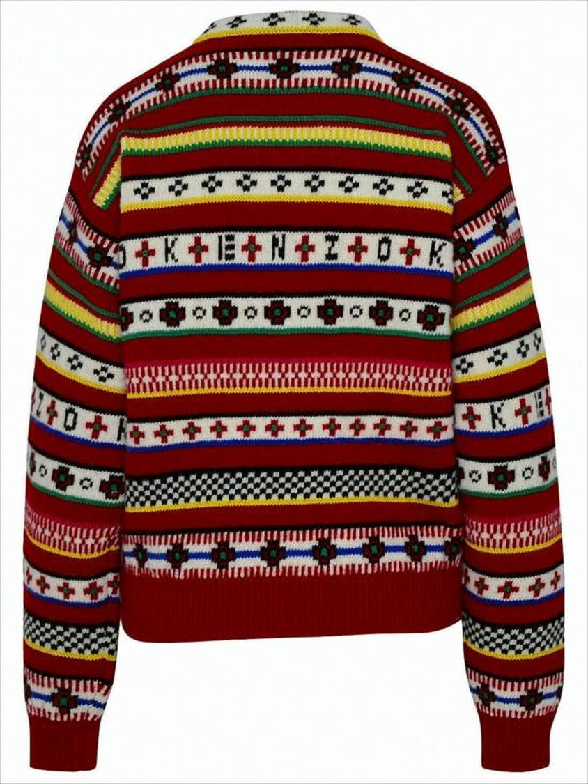 Kenzo Multicolored Striped Knit Sweater With Geometric Motifs