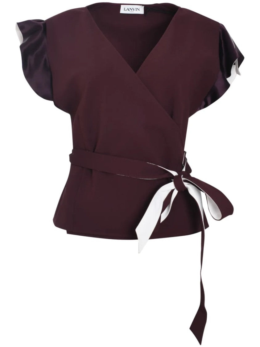 Lanvin Red Wrap Blouse With Flutter Sleeves