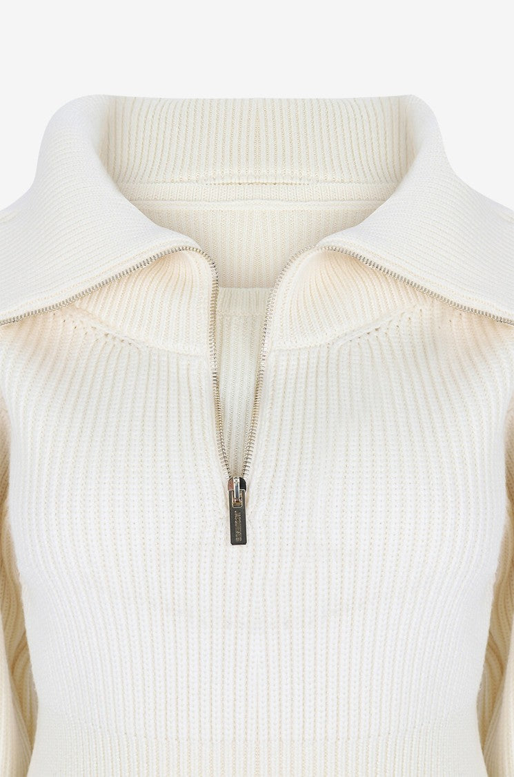Jacquemus Cropped White Sweater With Wide Folded Collar