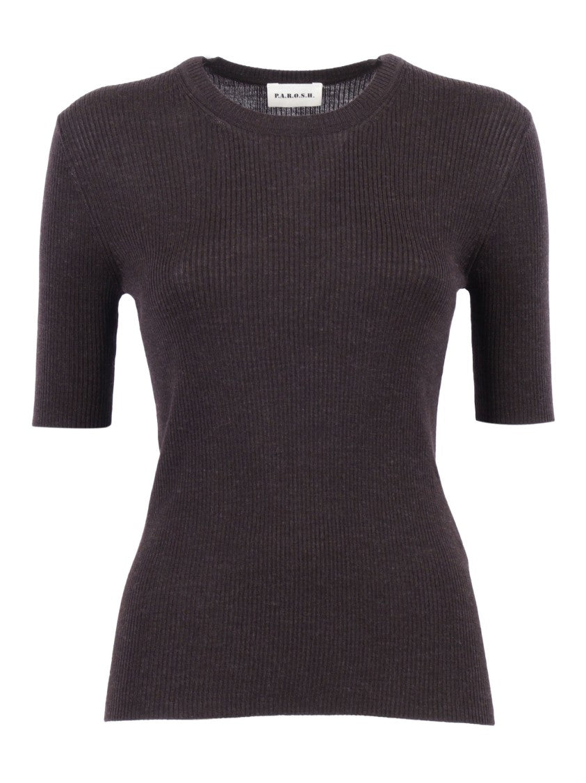 P.A.R.O.S.H. Fitted Short-Sleeved Wool Top With Ribbed Texture