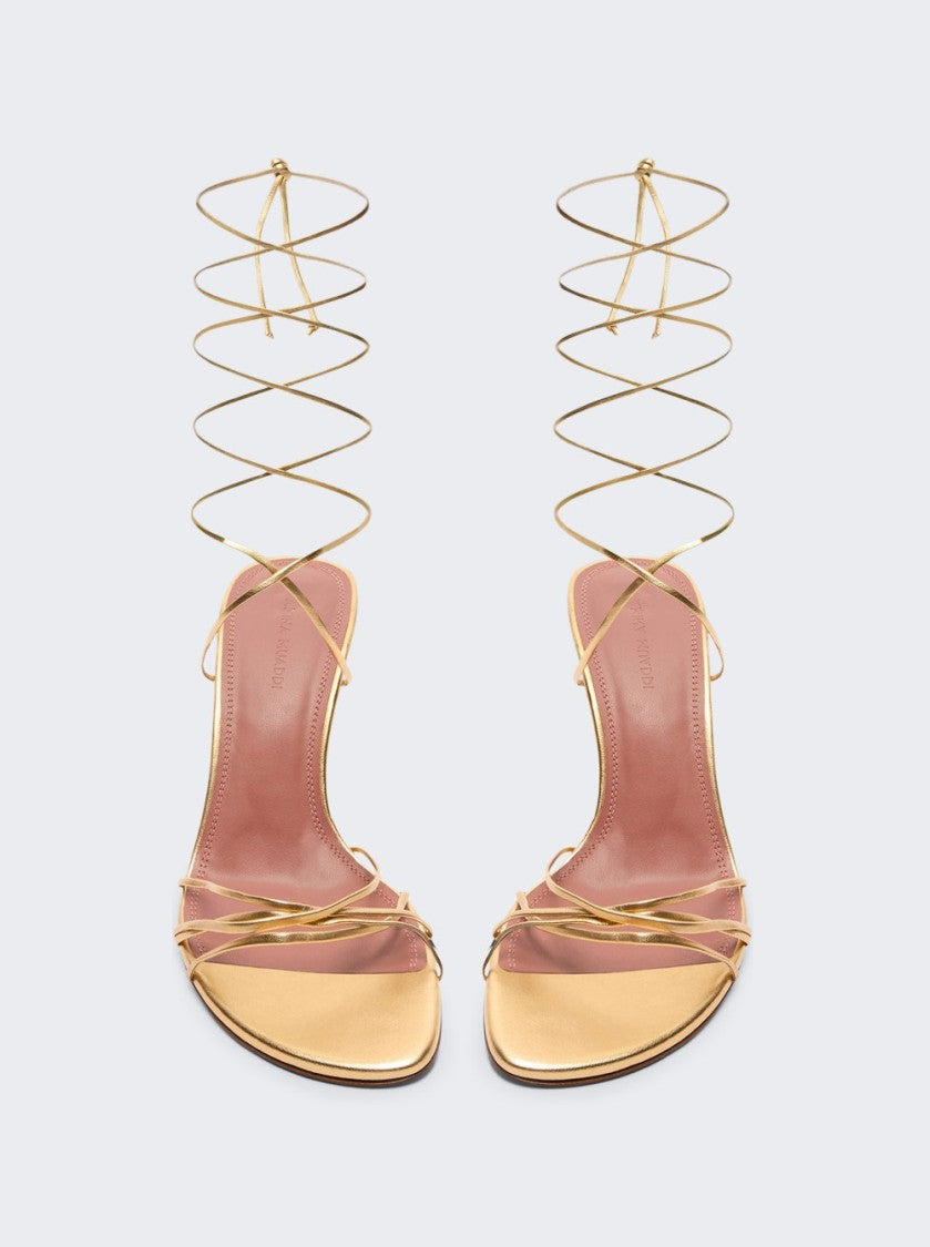 Amina Muaddi Lori Lace Up Sandals Metallic Gold Leather