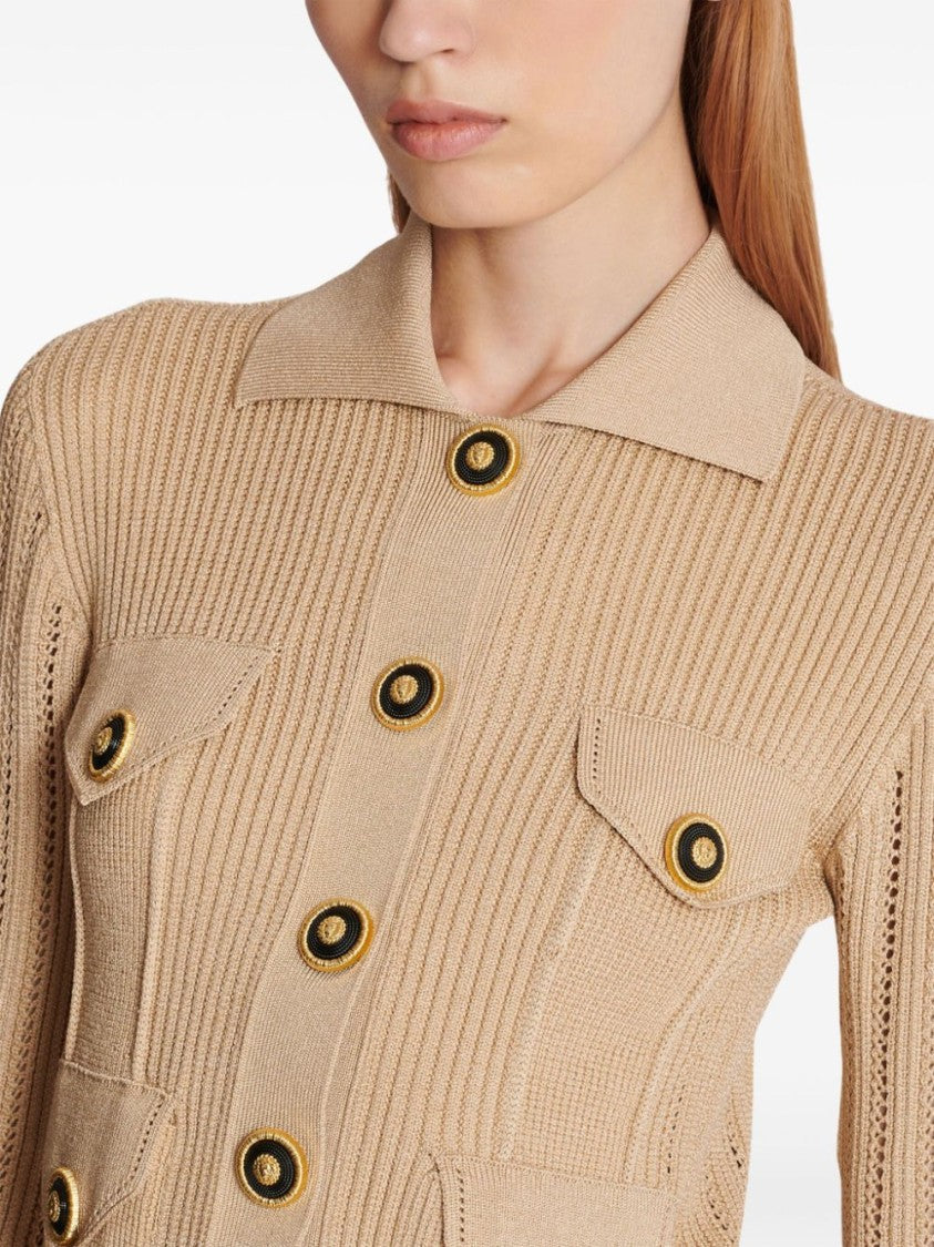 Balmain Cropped Ribbed Knit Sweater With Classic Collar And Button Details