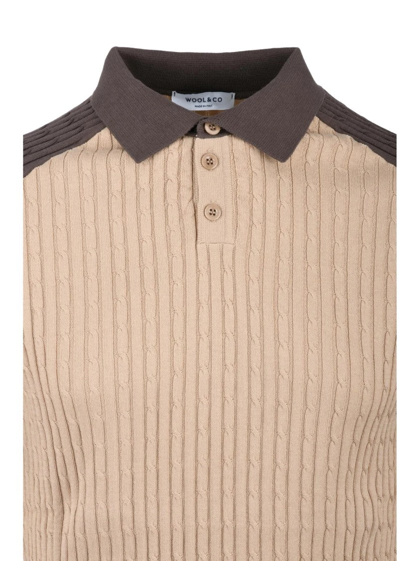 Wool & Co Brown Beige Contrasting Knit Polo Shirt
