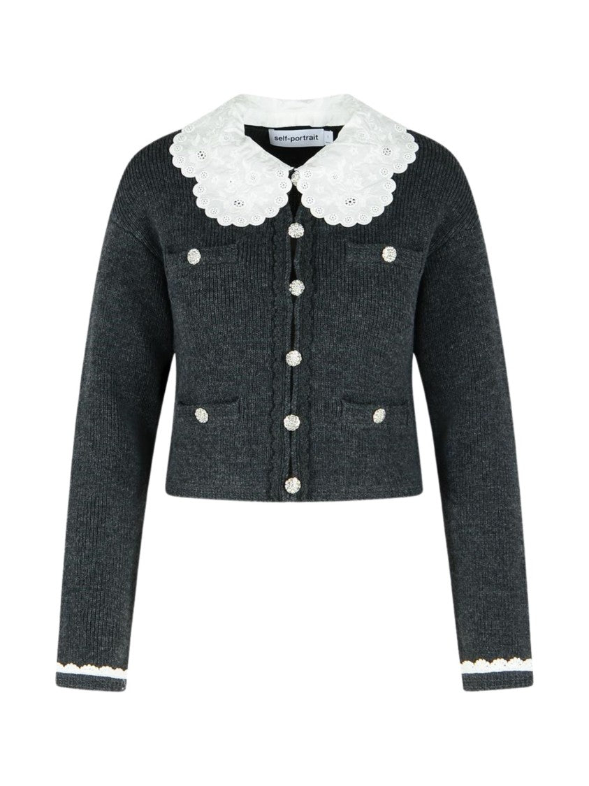 Self-Portrait Gray Jeweled Button Wool Cardigan