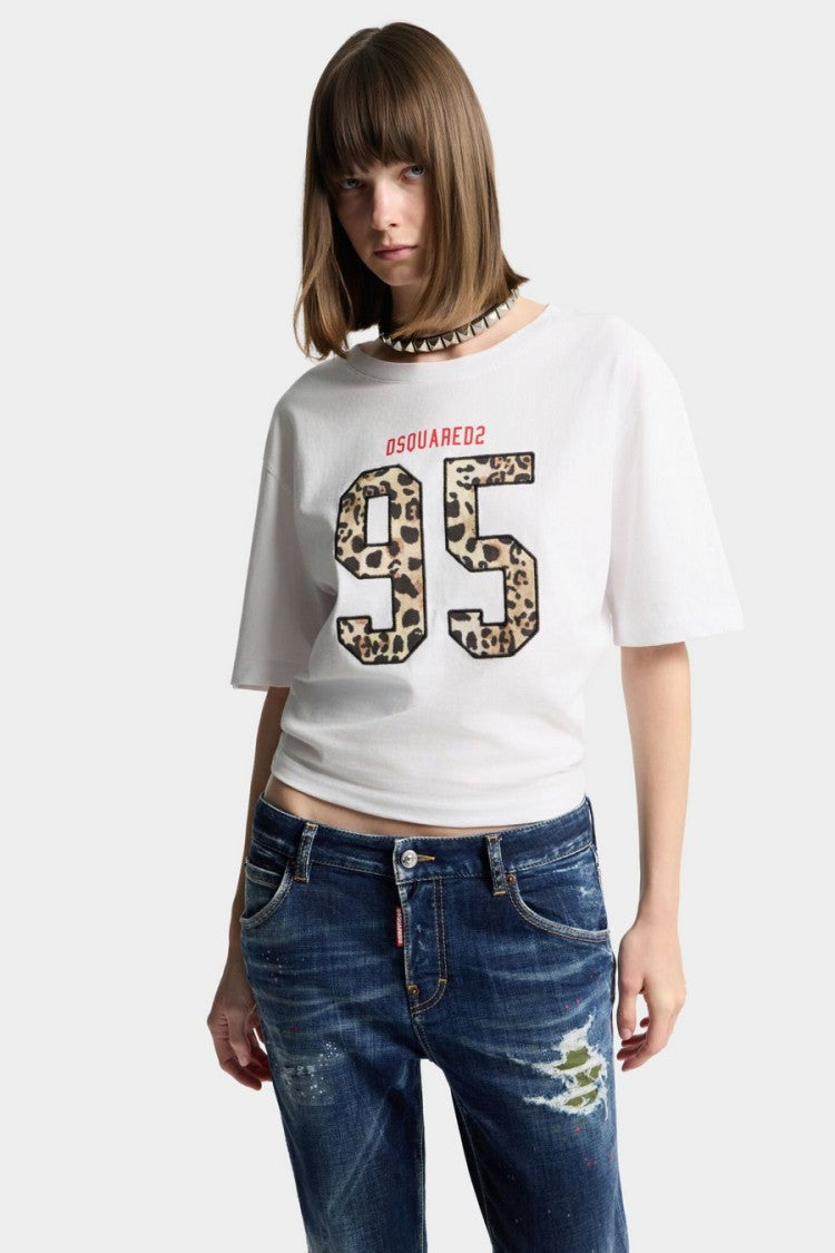 Dsquared2 White Leopard-Print Numeral Graphic Cotton T-Shirt