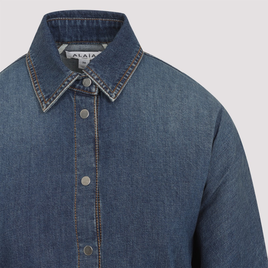 Alaïa Mineral Blue Cotton Curved Shirt With Pointed Collar