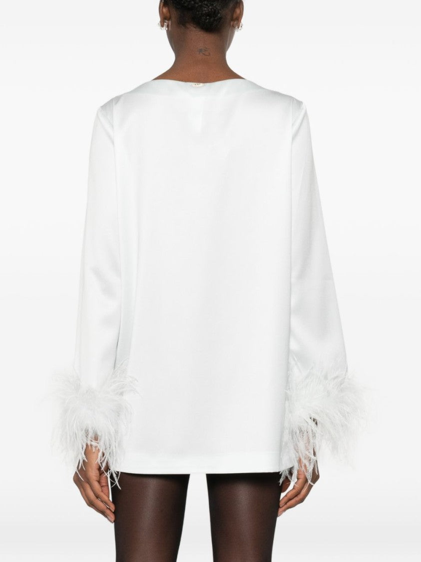 Twin-Set Light Blue Long-Sleeved Blouse With Feather Trim Details