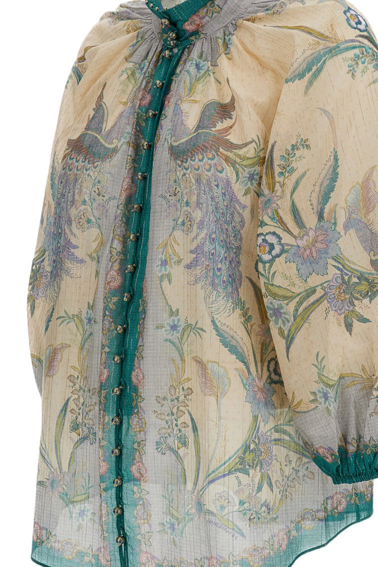 Zimmermann Cream Indra Billow Floral Cotton-Silk Blouse