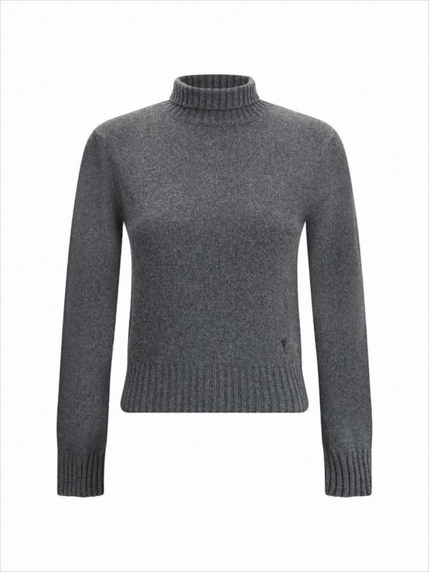 Ami Paris Cropped Cashmere Blend Turtleneck Sweater With Ribbed Detailing