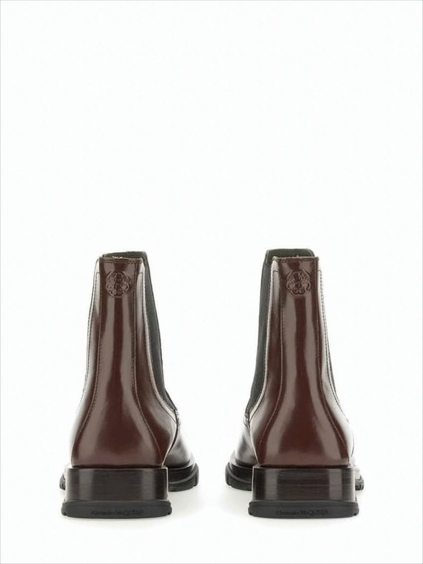 Alexander Mcqueen Polished Leather Brown Boots With Elastic Side Panels