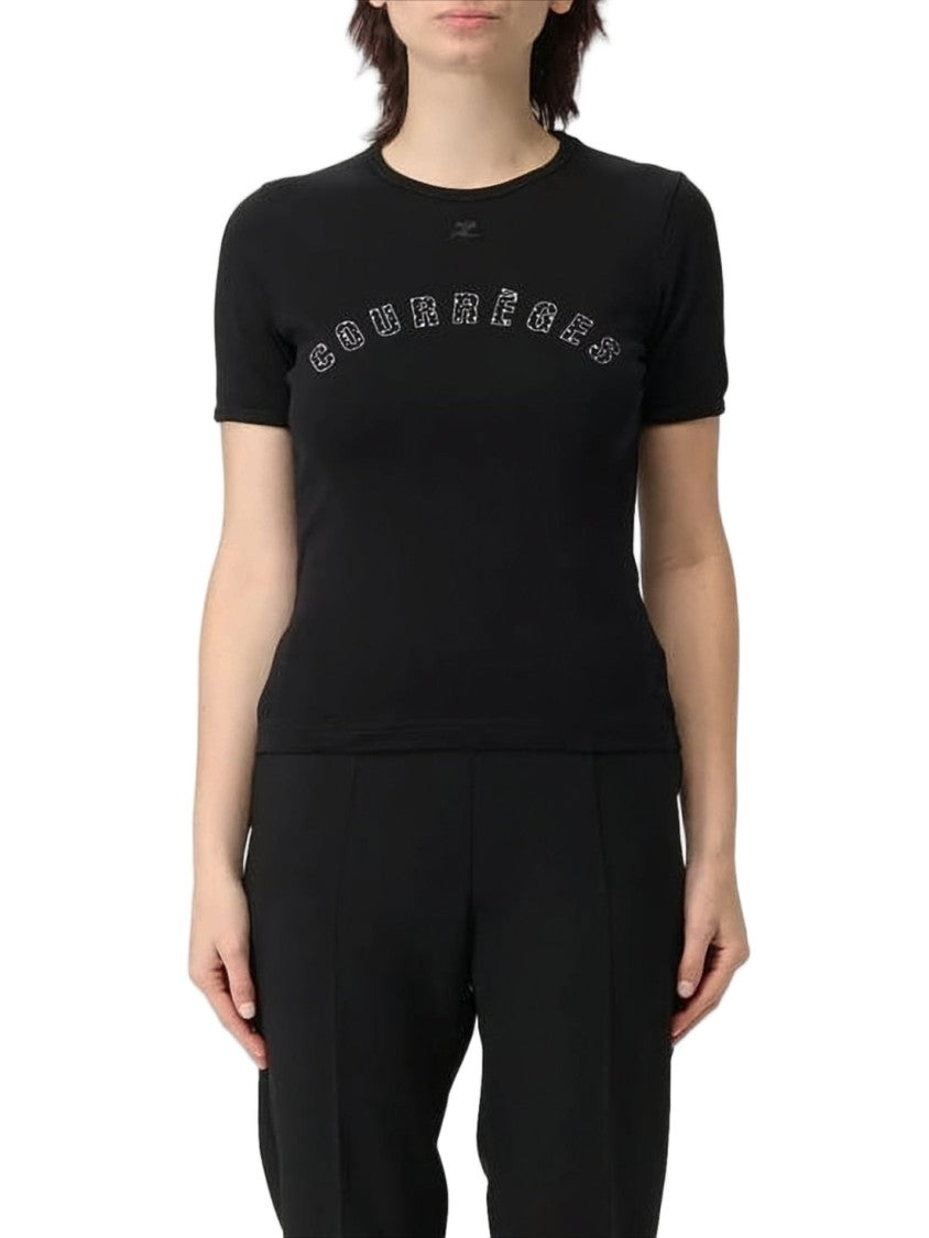 Courrèges Fitted Black T-Shirt With Curved Logo Detail