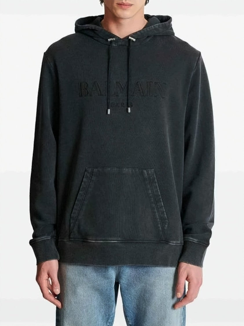 Balmain Washed Black Relaxed-Fit Hoodie With Embossed Logo