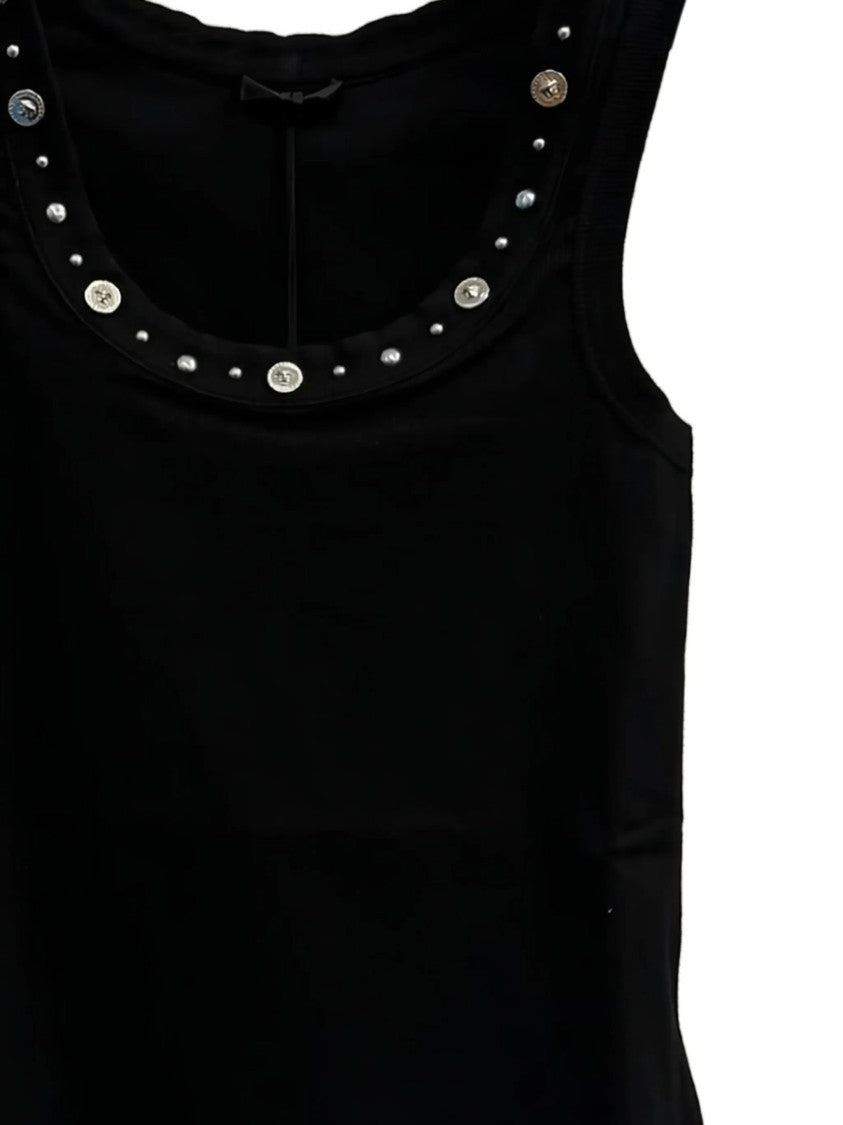 Versace Black Ribbed Studded Decorative Button Top
