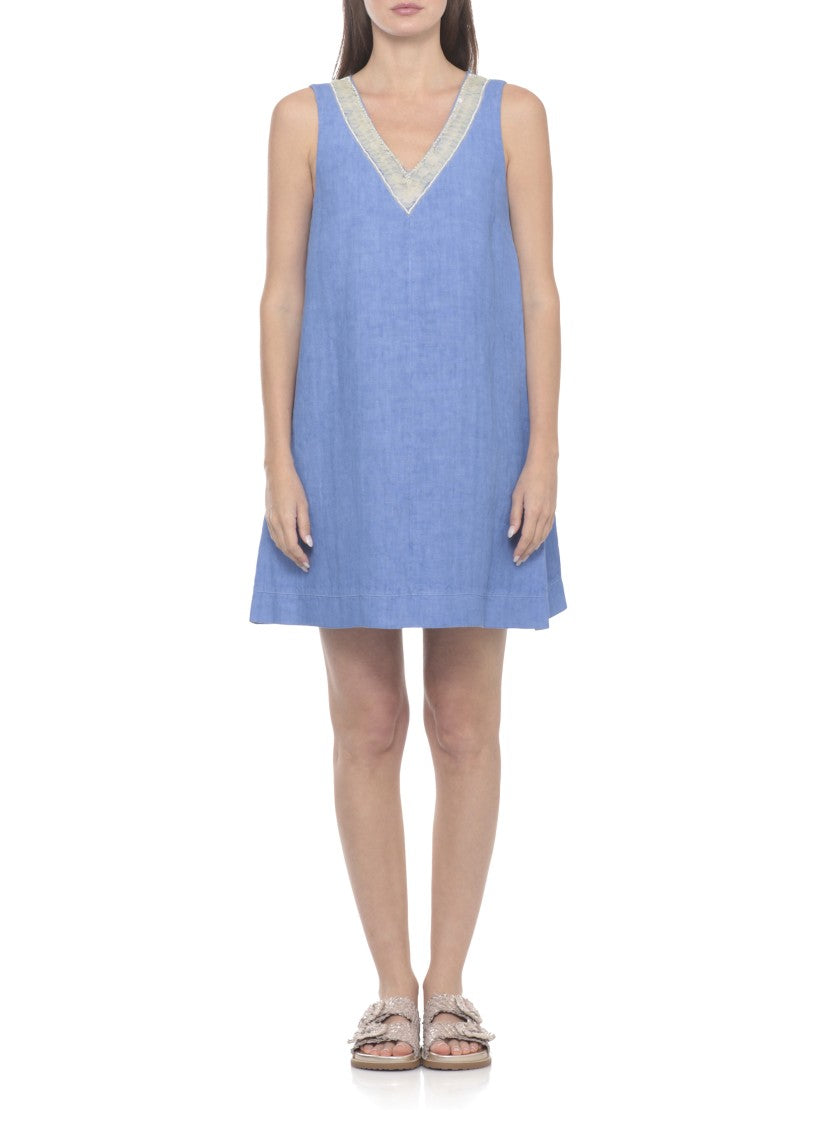 120% Lino V-Neck Linen Dress With Sequined Embellishments And Cut-Out Detail