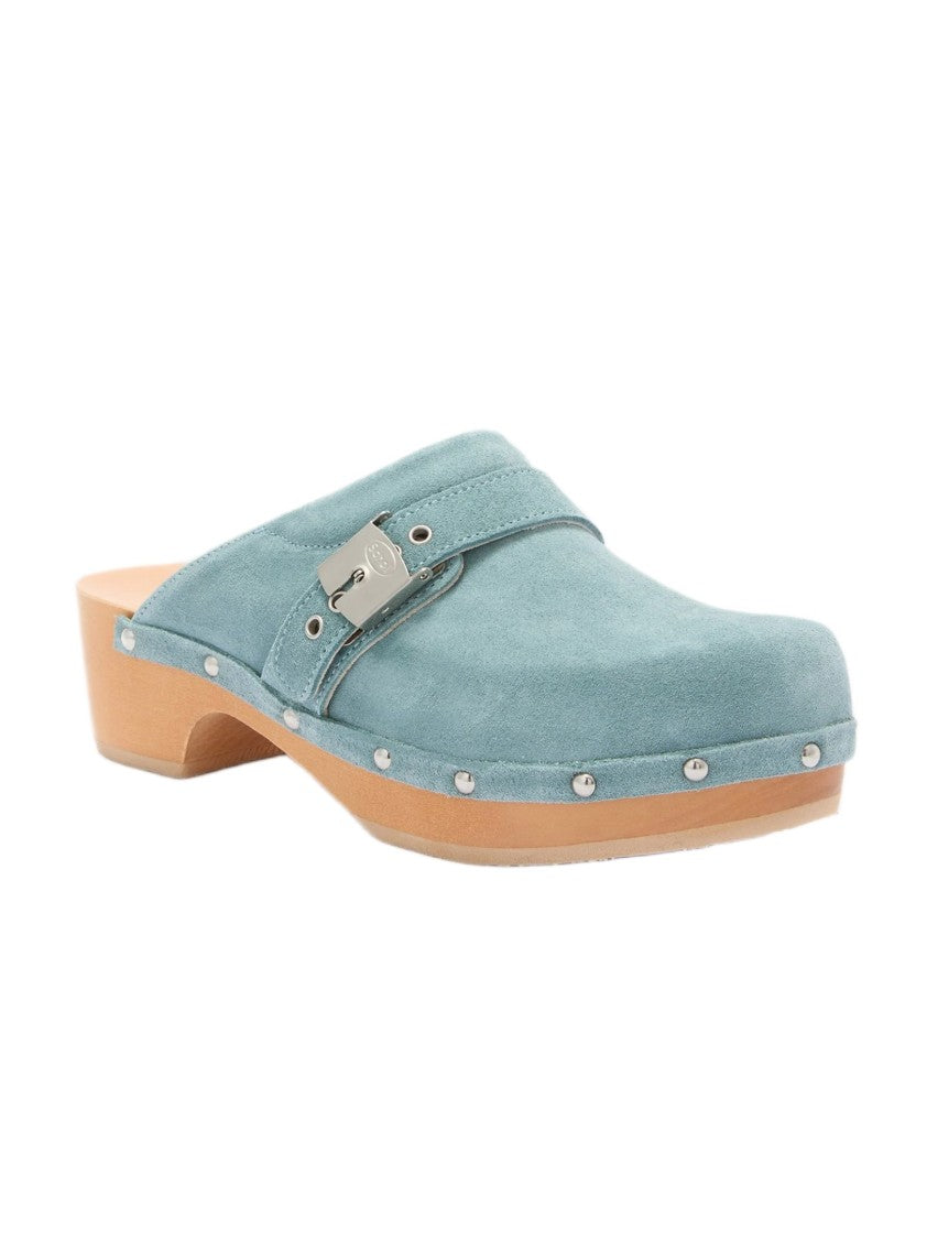 Scholl Light Blue Suede Clogs With Silver Buckle And Wooden Base