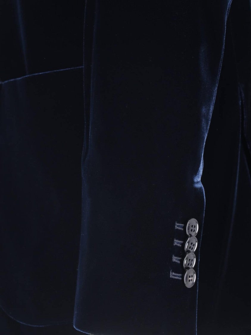 Giorgio Armani Blue Stand Collar Button-Up Viscose Velvet Jacket