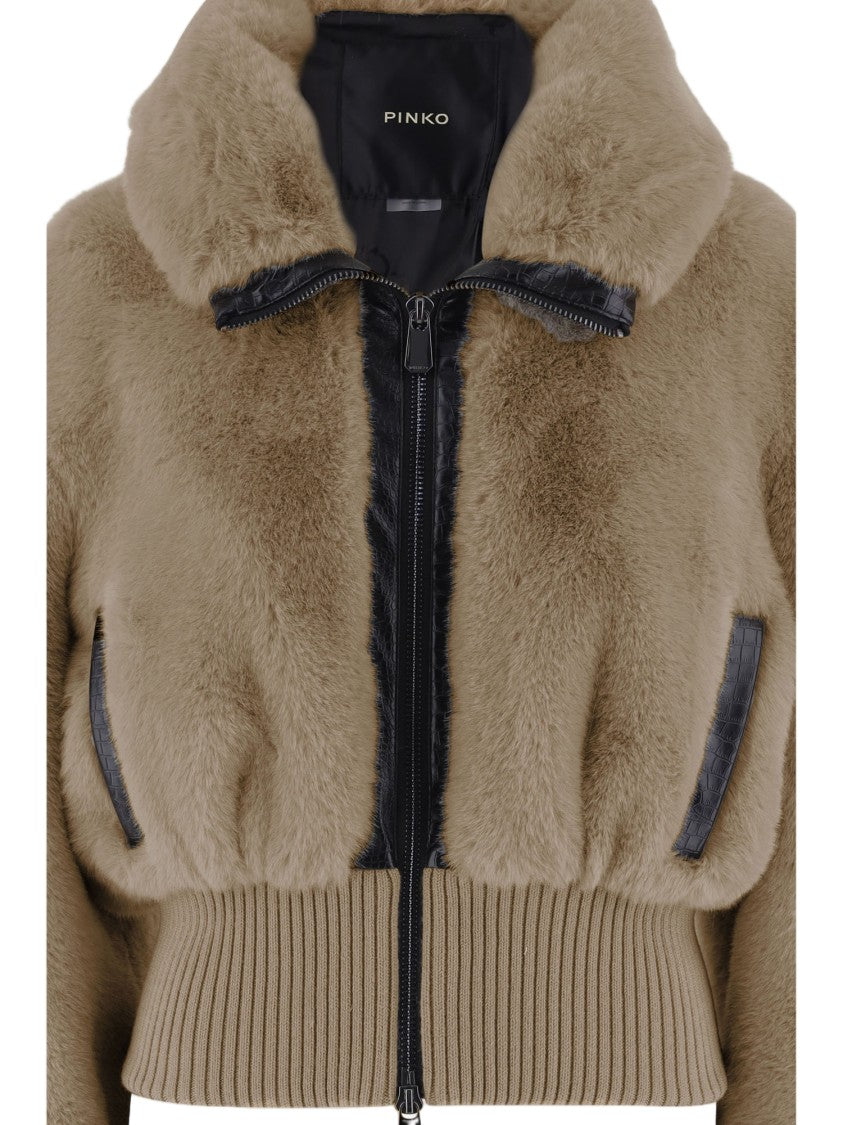 Pinko Cropped Faux Fur Coat With Ribbed Knit Details