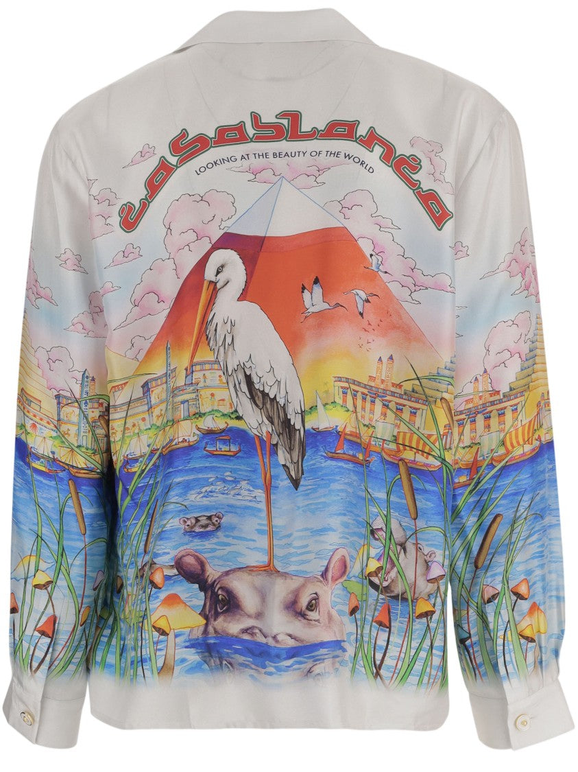 Casablanca Bowling Collar Silk Shirt With Egyptian Graphic Print