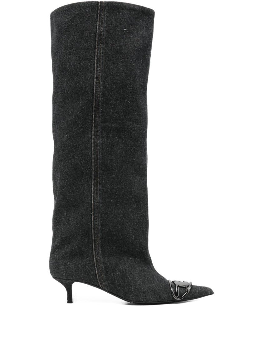 Diesel Black Blue Logo Plaque Pointed Boots