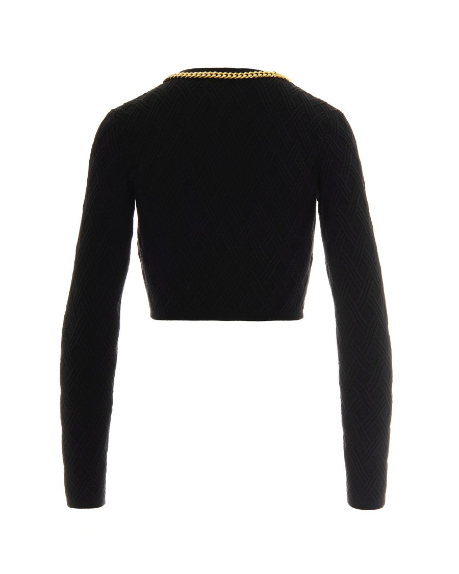 Elisabetta Franchi Black Diamond-Knit Cardigan With Jewel Detail