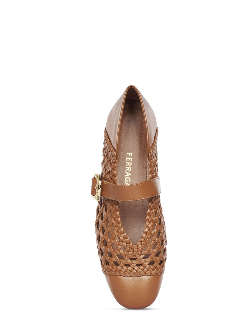 Ferragamo Pointed Toe Woven Leather Flats With Gold-Tone Detail