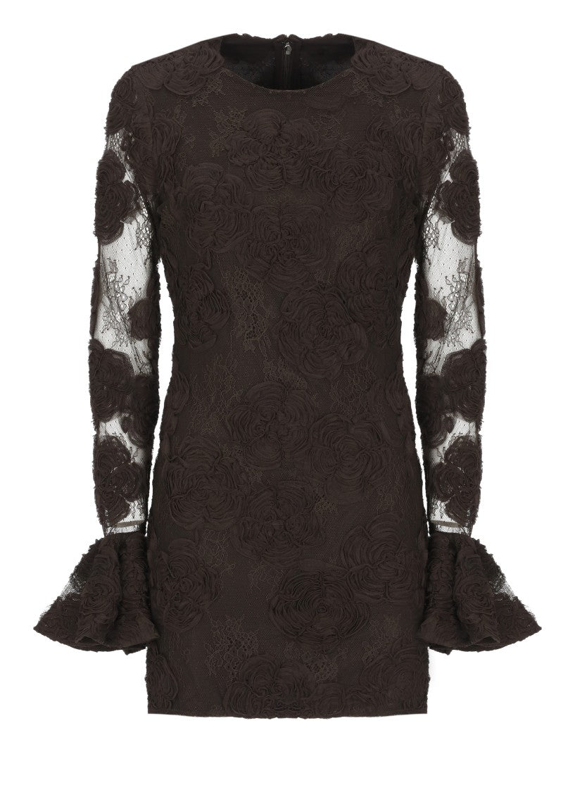 Rotate Short Brown Dress With Floral Appliqués And Transparent Sleeves