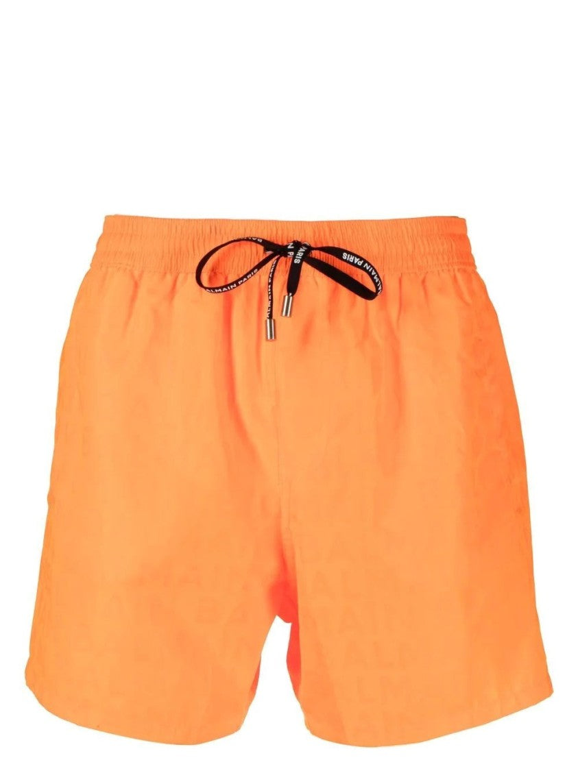 Balmain Vibrant Orange Swim Shorts With Comfortable Fit And Drawstring Closure
