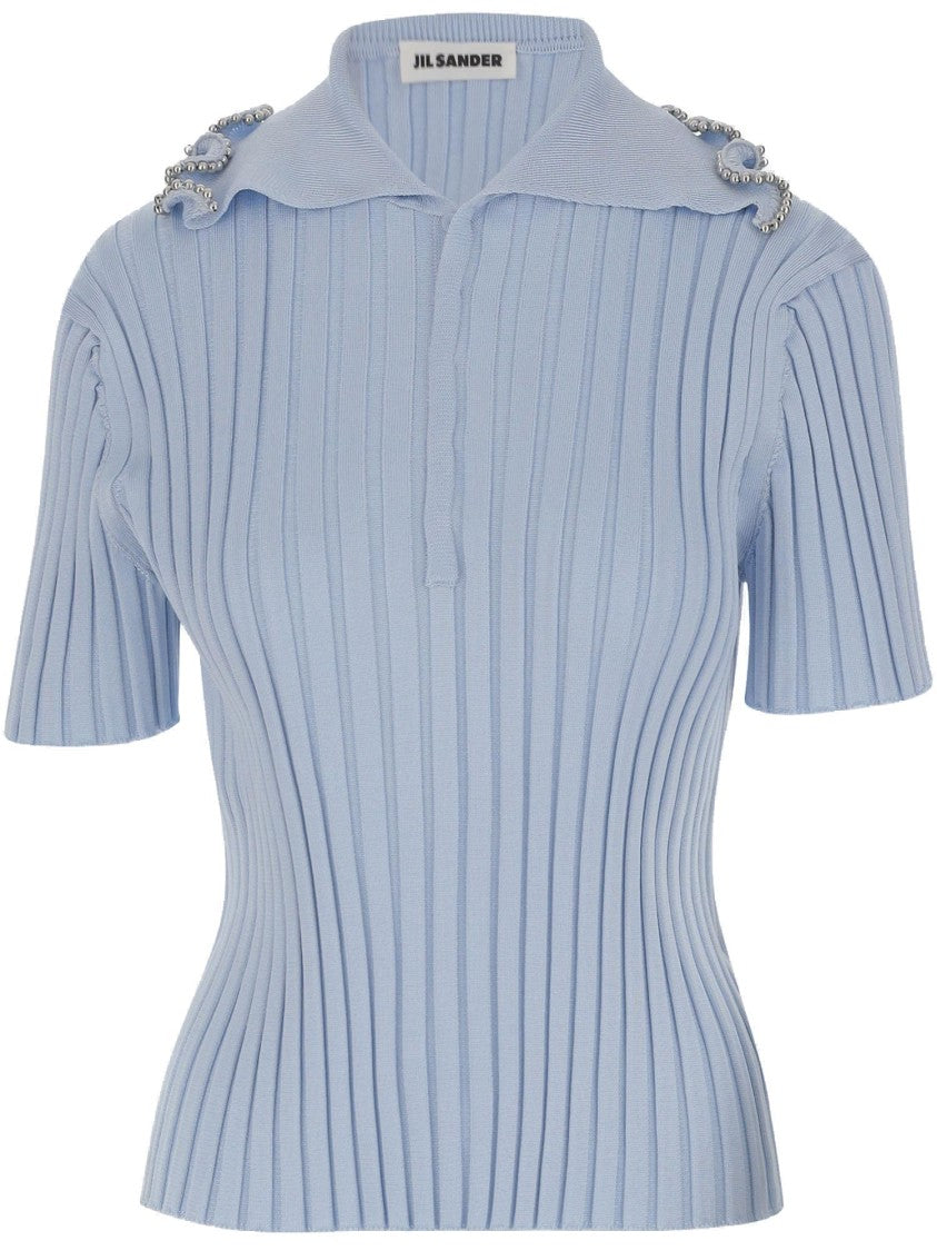 Jil Sander Viscose Blend Polo Shirt With Ruffle Flounce