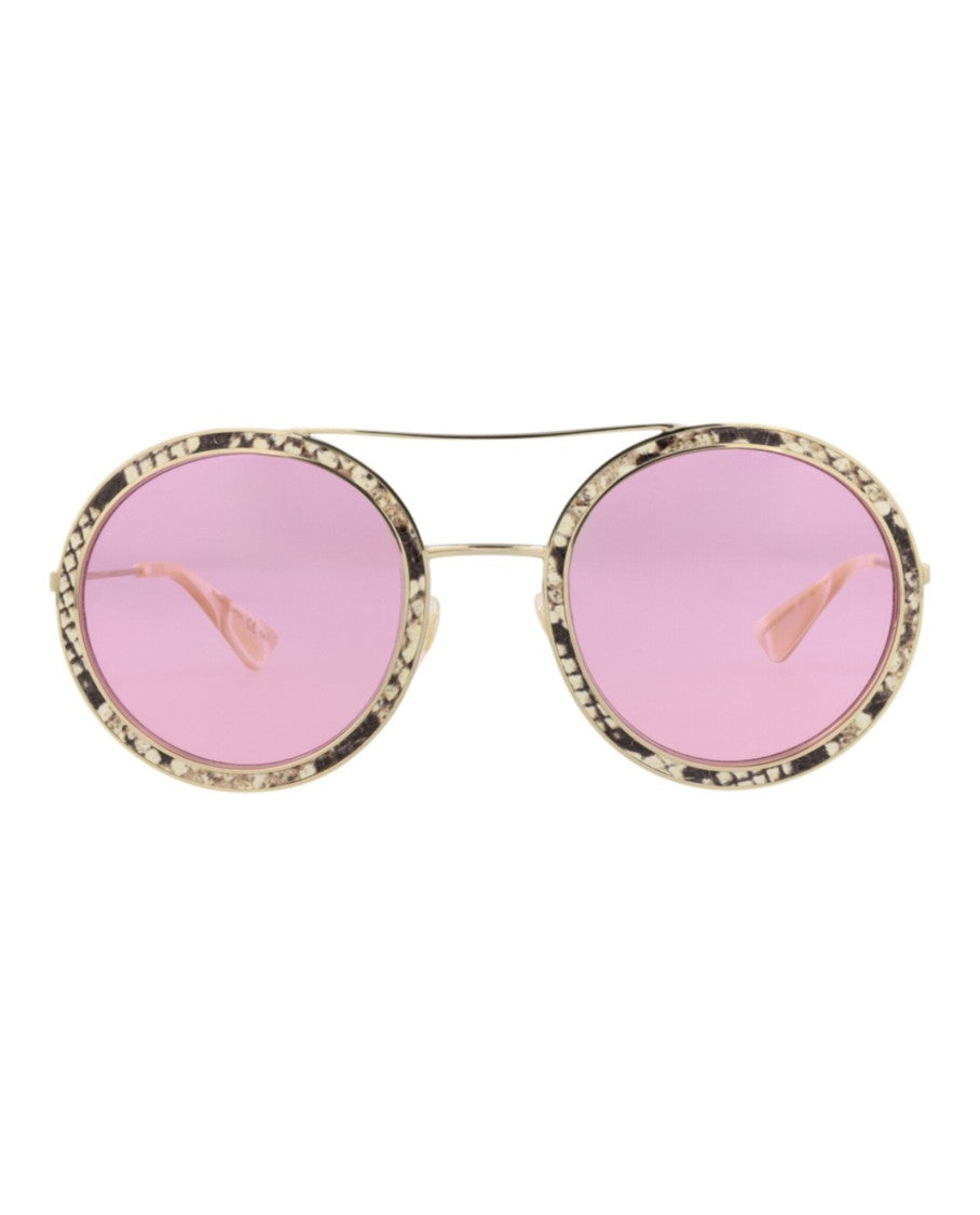 Gucci Round-Frame Leather Sunglasses With Metal Temples