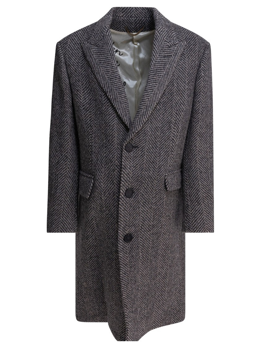 Golden Goose Single-Breasted Herringbone Coat With Notched Lapel