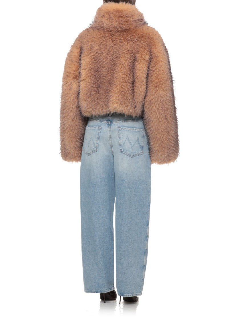 Rotate Beige Cropped High-Neck Fur Jacket