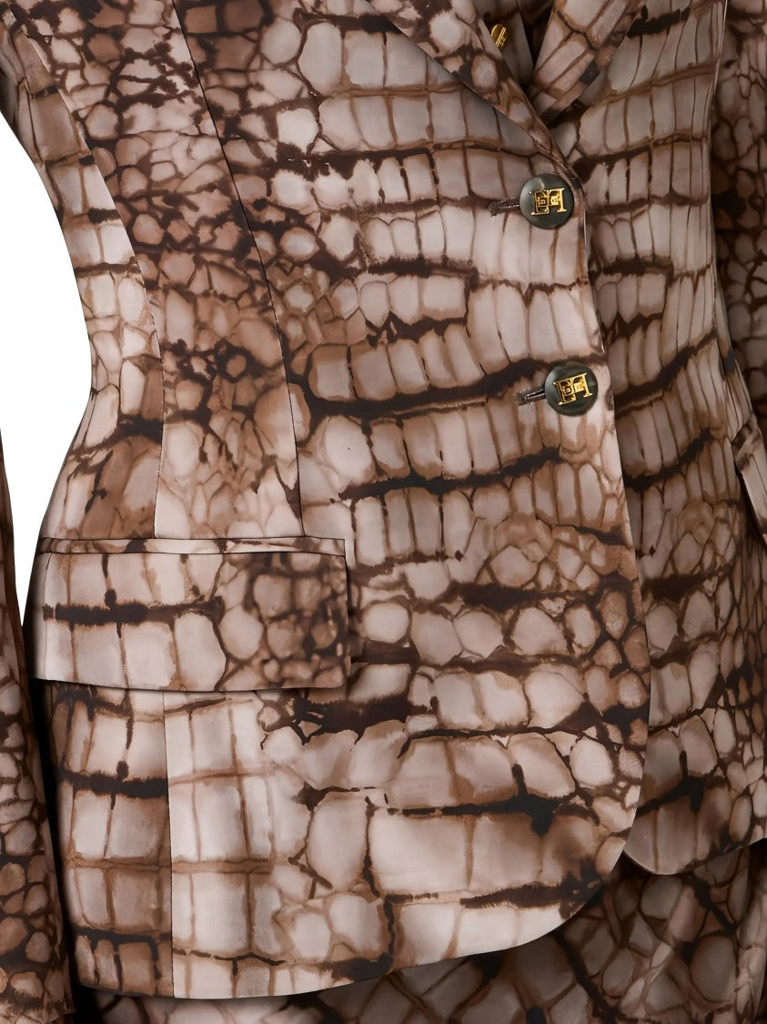 Elisabetta Franchi Tailored Brown Reptile Print Notch Blazer