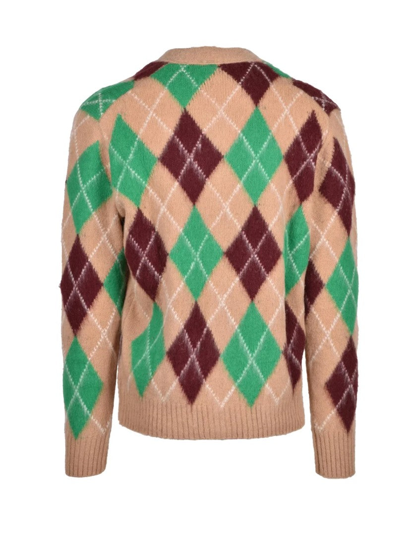 Aspesi Beige/Bordeaux Argyle Pattern V-Neck Wool Cardigan