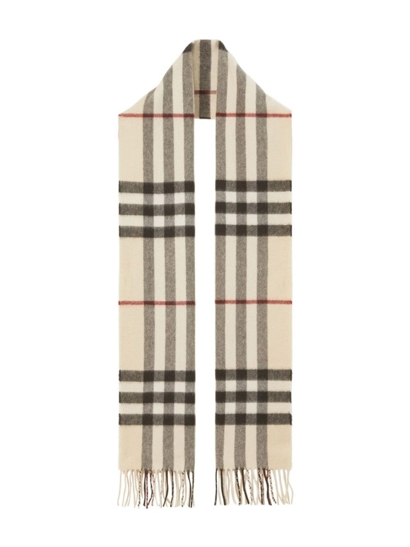 Burberry Beige Check Cashmere Fringing Scarf