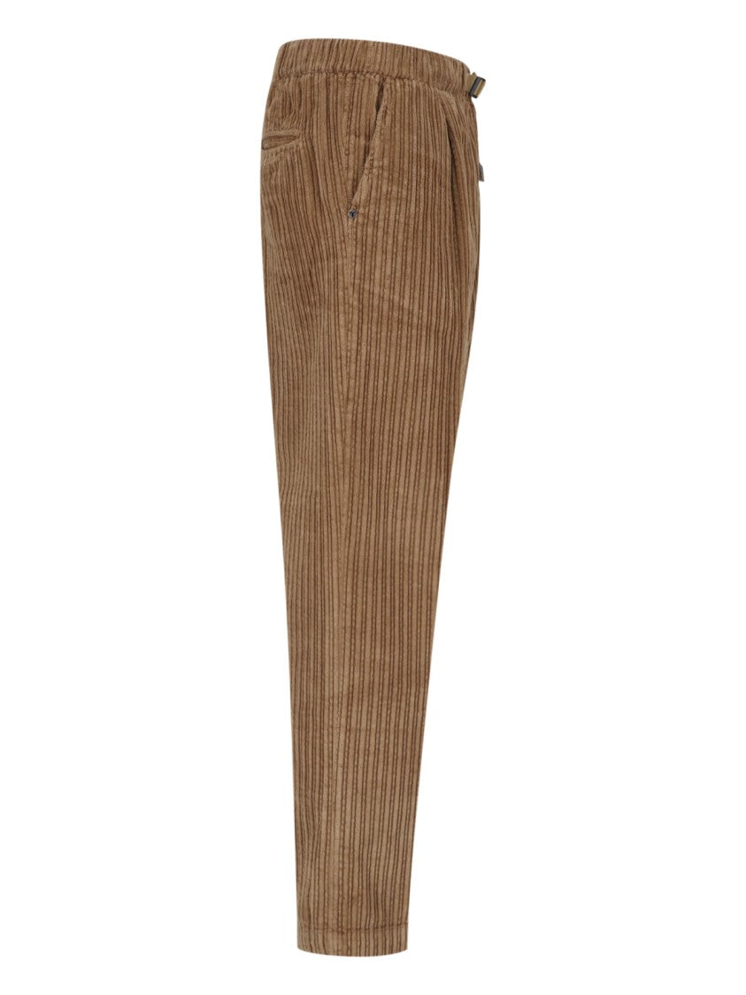White Sand Brown Ribbed Pleated Velvet Straight-Leg Pants