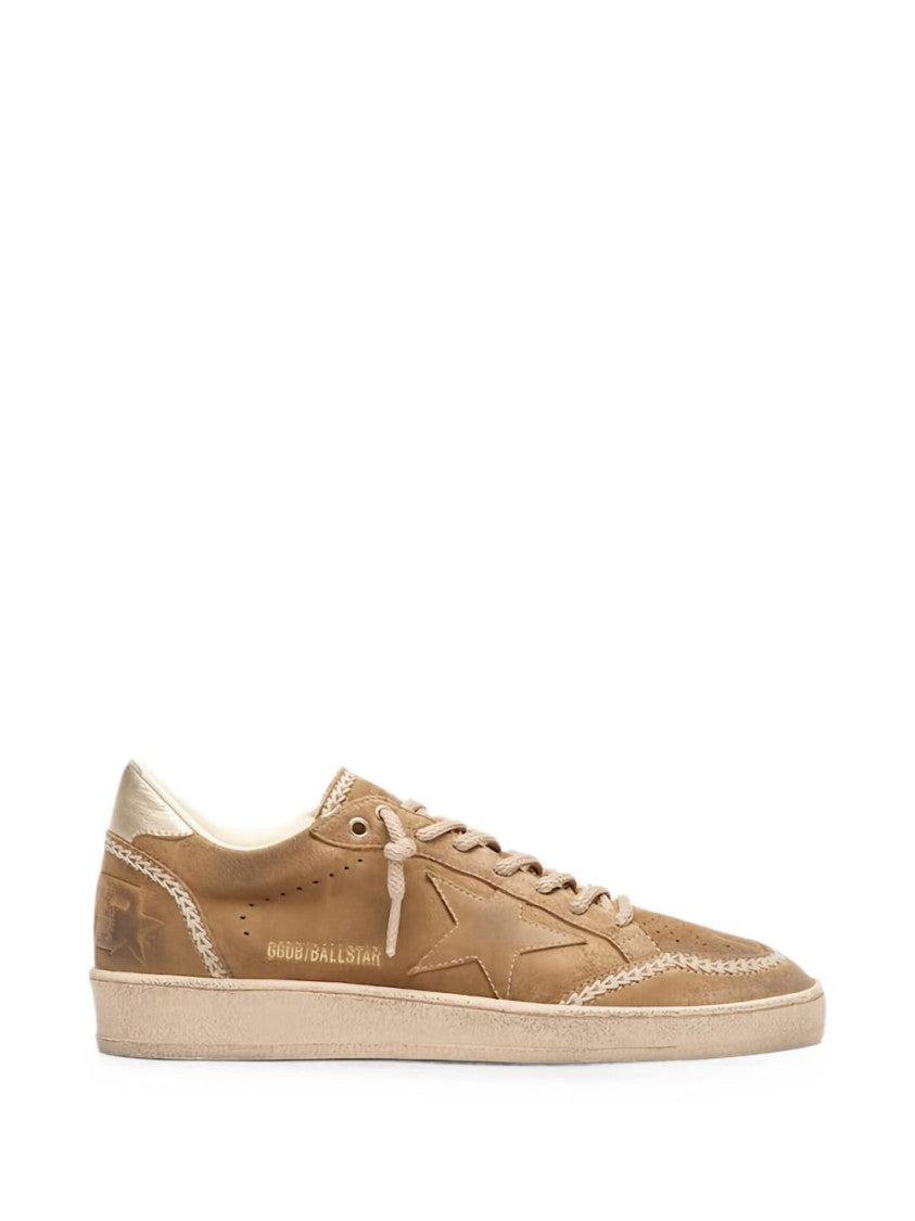 Golden Goose Distressed Tan Leather Sneakers With Stitched Star Detail