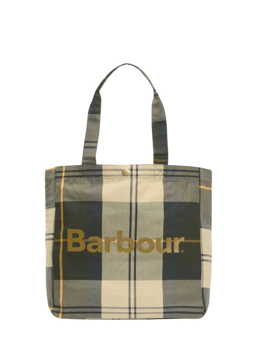 Barbour Checkered Pattern Tote Bag With Bold Logo And Zippered Pocket
