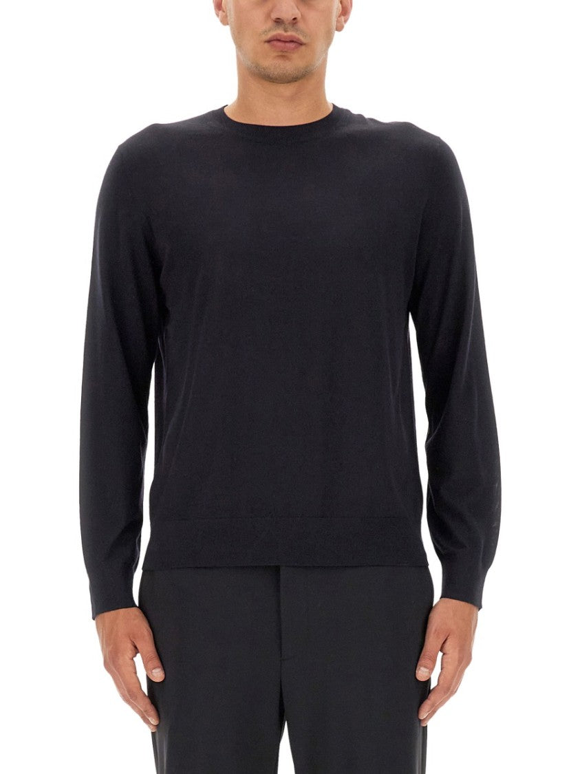 Theory Round Neck Black Wool Sweater With Ribbed Hem