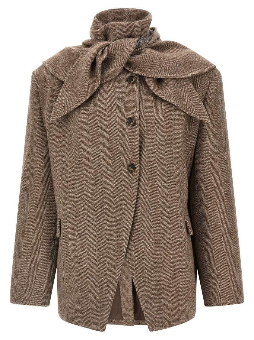 Magda Butrym Herringbone Wool Blazer With Removable Hood And Silk Lining