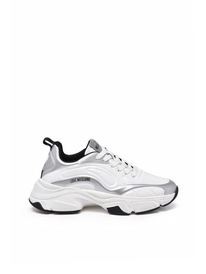 Love Moschino White Leather-Rubber Blend Sculpted Sole Chunky Sneakers