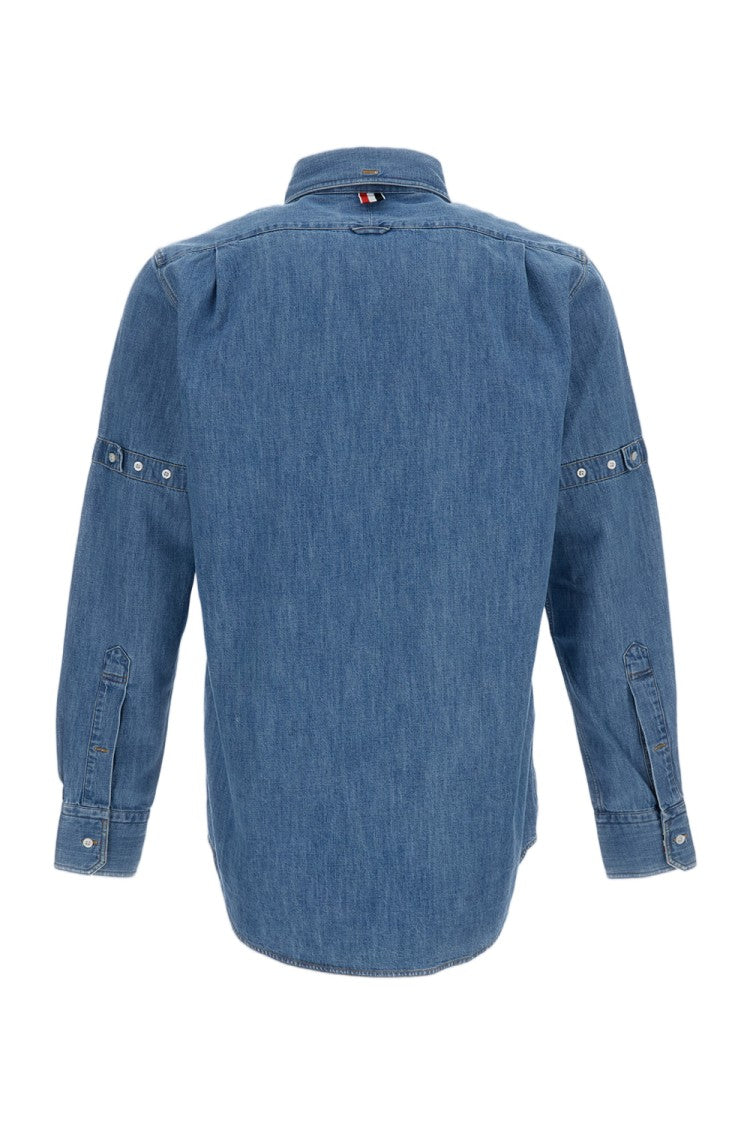 Thom Browne Blue Denim Armbands Curved Hem Casual Shirt