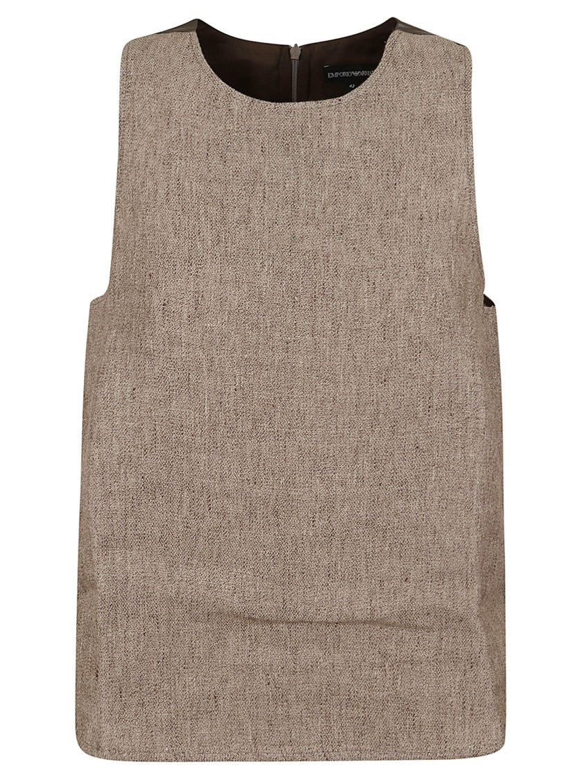 Emporio Armani Heavy Linen Canvas Sleeveless Top With Faux Leather Detail