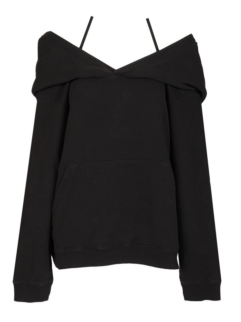 Mm6 By Maison Margiela Off-Shoulder Black Knit Sweater With Kangaroo Pocket