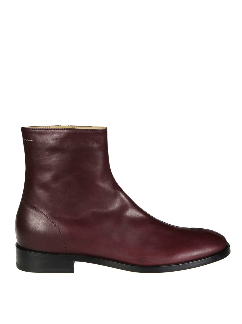 Mm6 By Maison Margiela Deep Burgundy Leather Ankle Boot With Minimalist Design