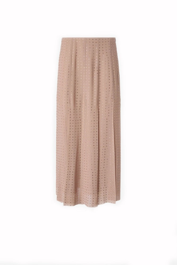 Pinko Beige Fringed Hem Allover Rhinestone Georgette Midi Skirt