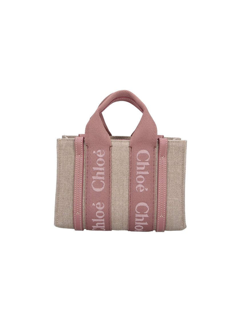 Chloé Textured Beige Structured Bag With Dusty Pink Straps
